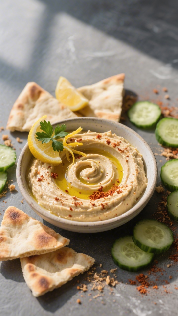 Overhead “tasty top view” of rehydrated hummus: A small bowl of ultra-smooth hummus made from th