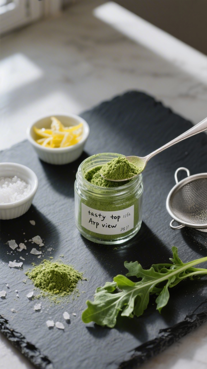 Overhead “tasty top view”: Small glass spice jar of vibrant arugula powder labeled with a handwr