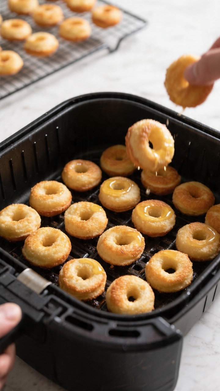 Process-in-action shot: Donut holes arranged in a single, evenly spaced layer inside an air fryer ba