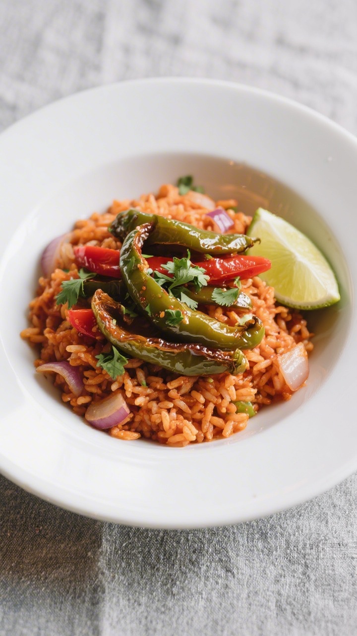 Tasty top view: Final plated Spanish rice topped with rehydrated poblano strips—vibrant orange-red