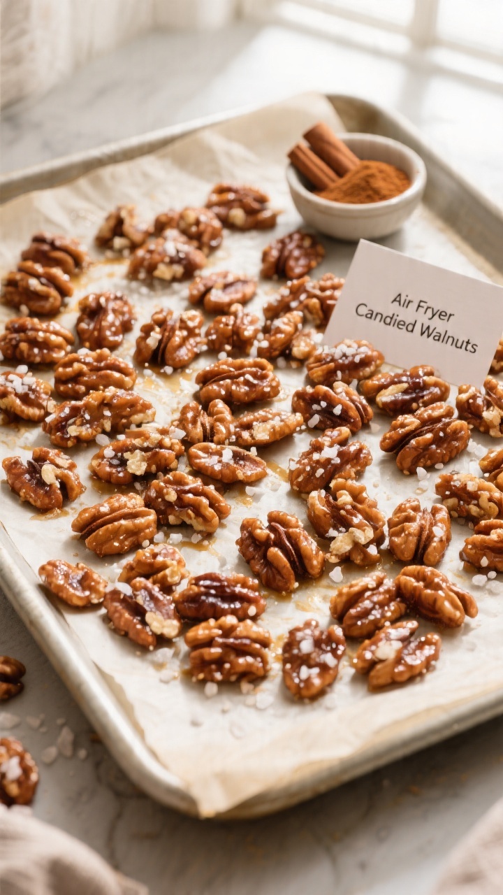 Tasty top view of a parchment-lined baking sheet covered with freshly air-fried candied walnuts cool
