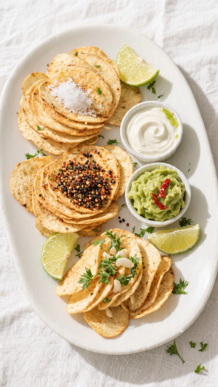 Tasty top view: Overhead final presentation of cassava chips trio on a wide white ceramic platter, s