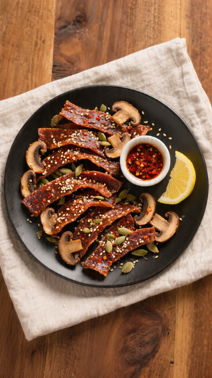 Tasty top view: Overhead shot of a final platter of Air Fryer Mushroom Jerky arranged in overlapping