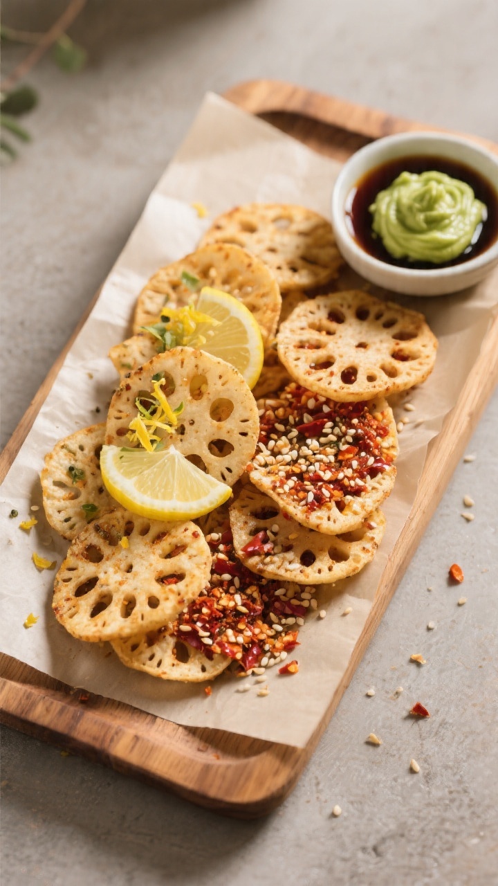 Tasty top view: Overhead shot of a final platter of lotus root chips seasoned two ways—one side wi