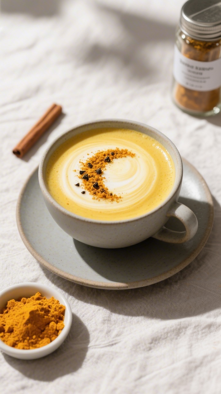 Tasty top view: Overhead shot of a finished golden milk latte showcasing the homemade turmeric powde