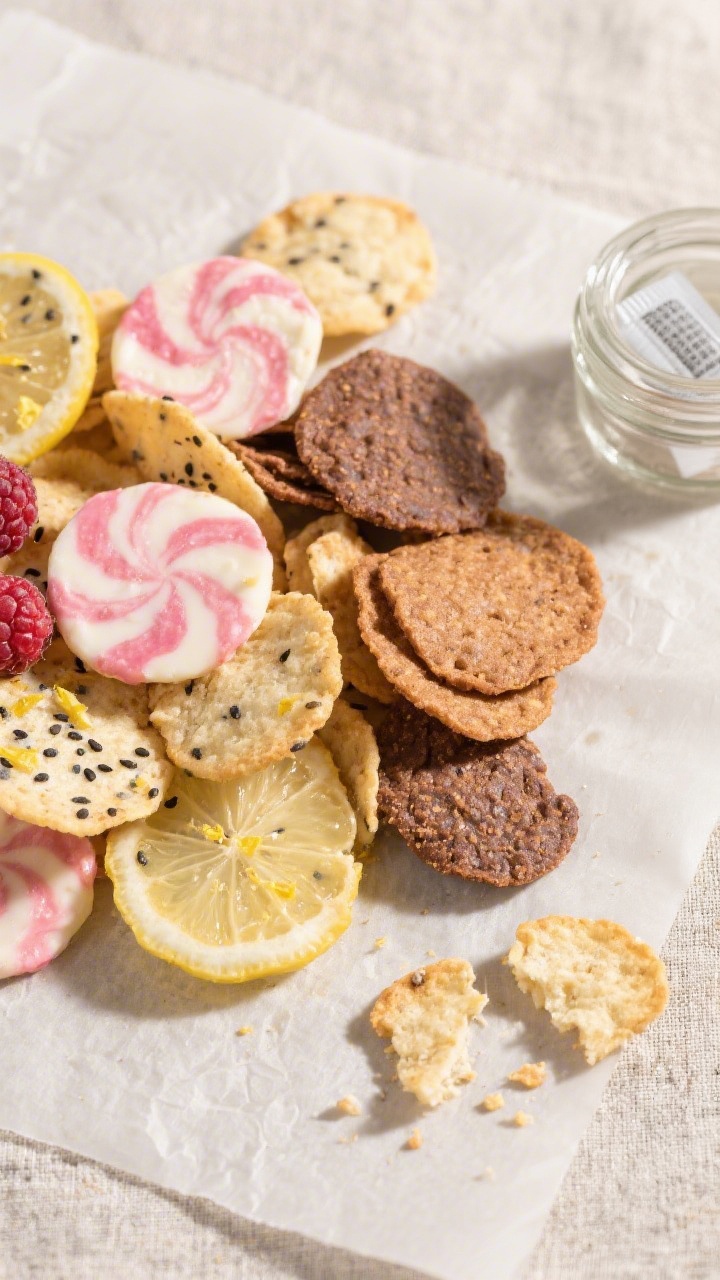Tasty top view: Overhead shot of a mixed-flavor assortment of yogurt chips arranged in loose cluster