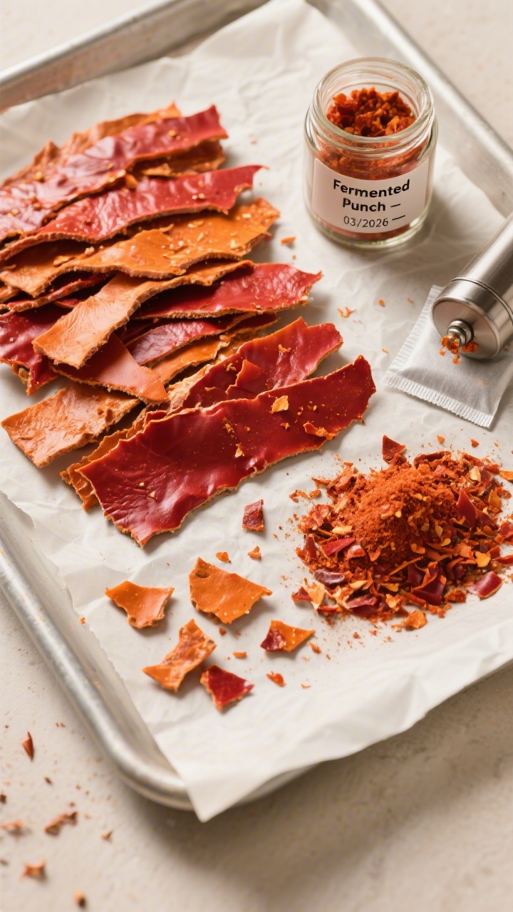 Tasty top view: Overhead shot of a parchment-lined sheet covered with fully dried hot sauce leather