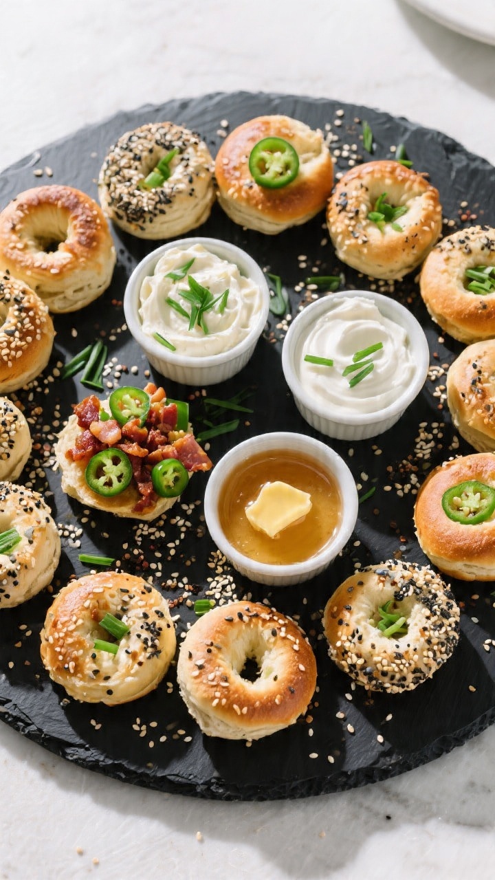 Tasty top view: Overhead shot of a party-ready platter of everything bagel bites, arranged in a circ