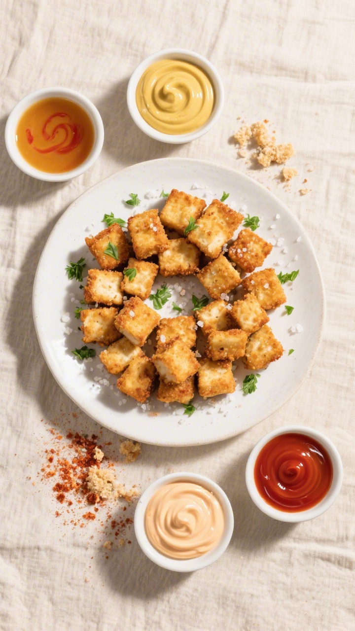 Tasty top view: Overhead shot of a platter of crispy air fryer tofu nuggets arranged in a loose spir