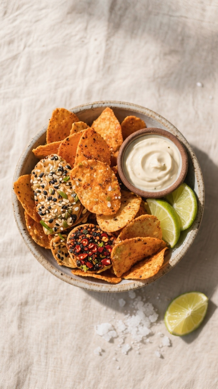 Tasty top view: Overhead shot of a rustic bowl heaped with mixed-seasoned chips (sea salt + black pe