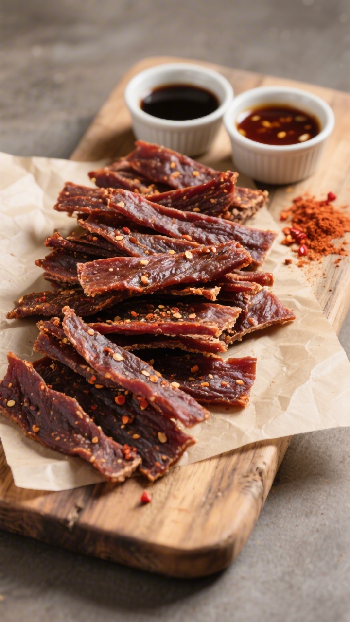 Tasty top view: Overhead shot of a rustic wooden board piled with finished thick cut jerky strips ar