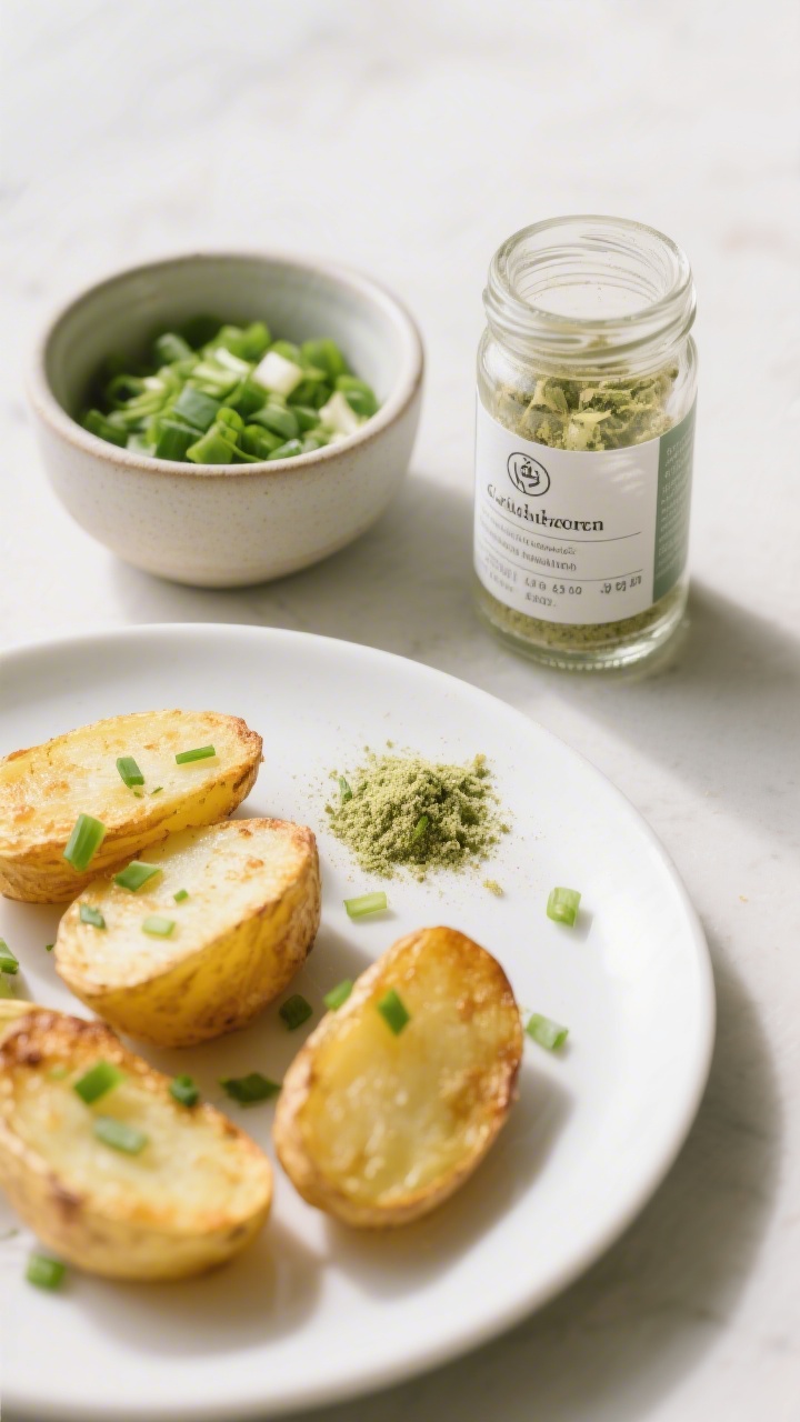 Tasty top view: Overhead shot of a small bowl of scallion powder beside a jar of perfectly condition