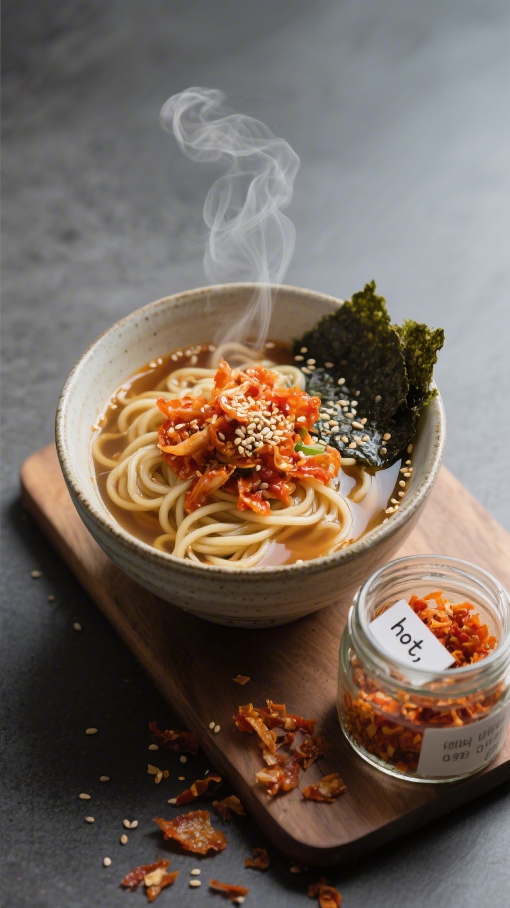 Tasty top view: Overhead shot of a small ceramic bowl of steaming ramen topped generously with vibra