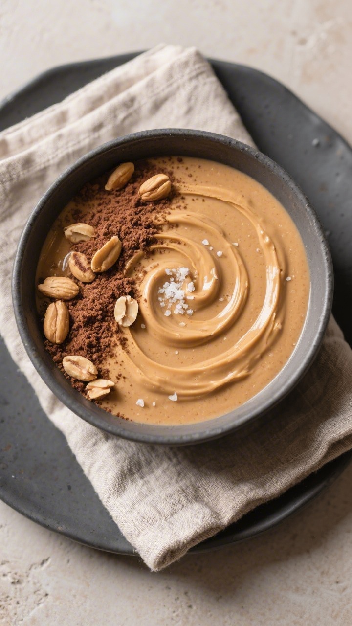 Tasty top view: Overhead shot of a smoothie bowl swirled with reconstituted peanut butter made from