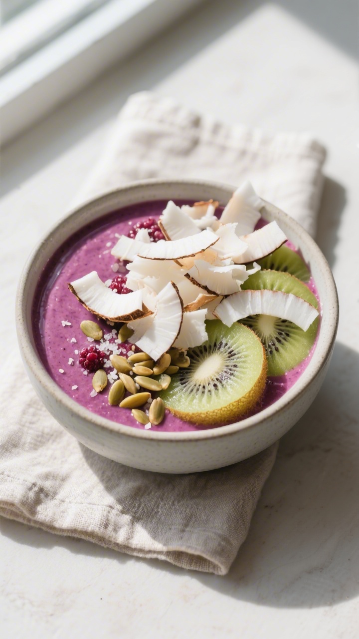 Tasty top view: Overhead shot of a smoothie bowl topped generously with dehydrated coconut flakes, s