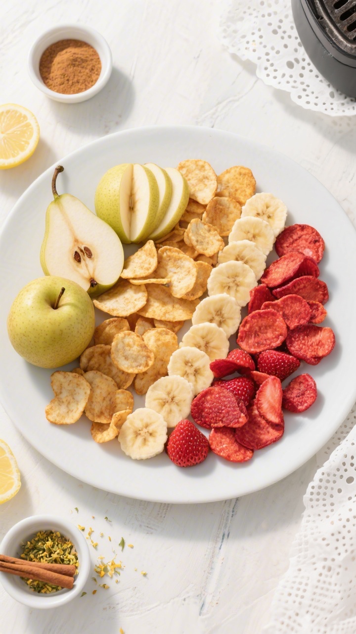 Tasty top view: Overhead shot of a vibrant mixed-fruit chip spread—apples, pears, bananas, and rub