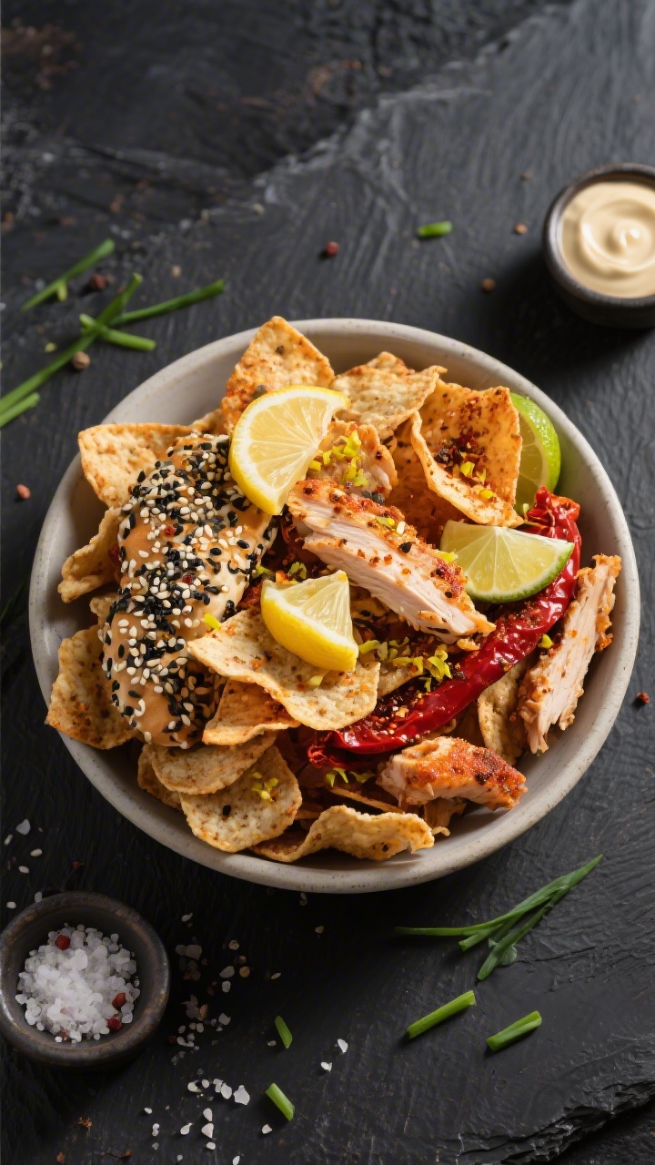 Tasty top view: Overhead shot of a wide, shallow bowl piled high with assorted seasoned chicken skin