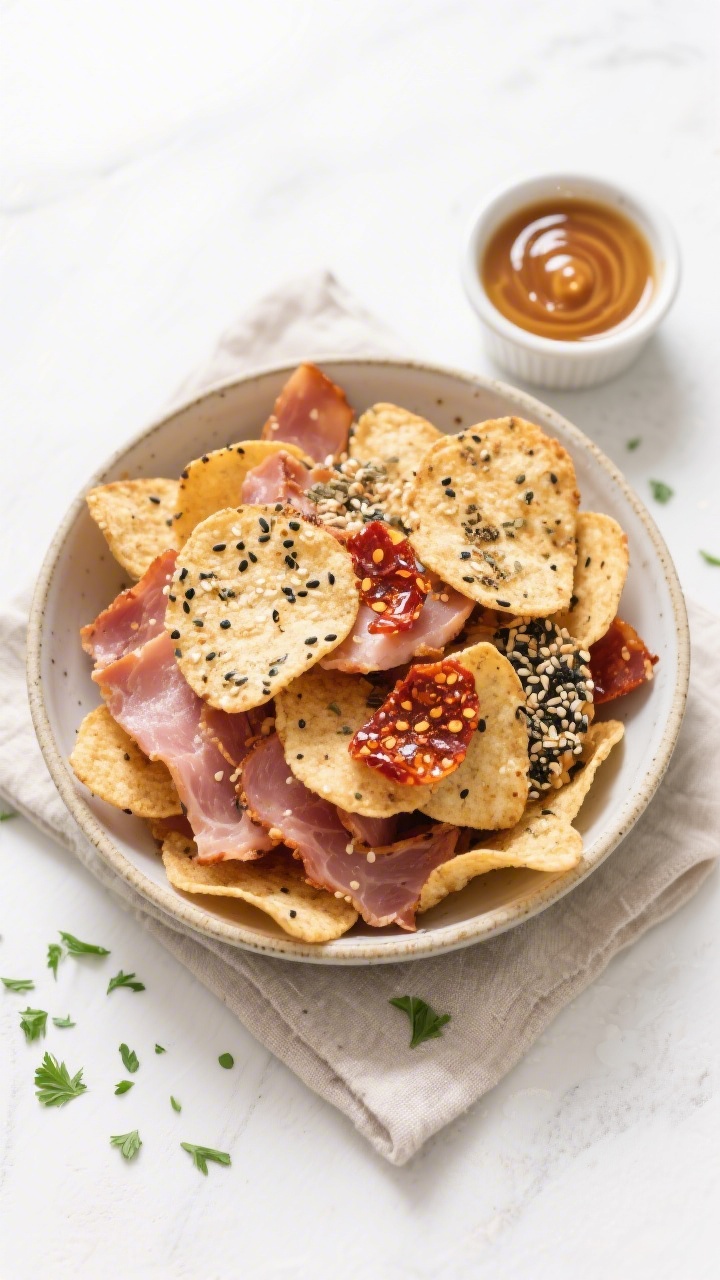 Tasty top view: Overhead shot of a wide, shallow ceramic bowl piled high with mixed-seasoning ham ch