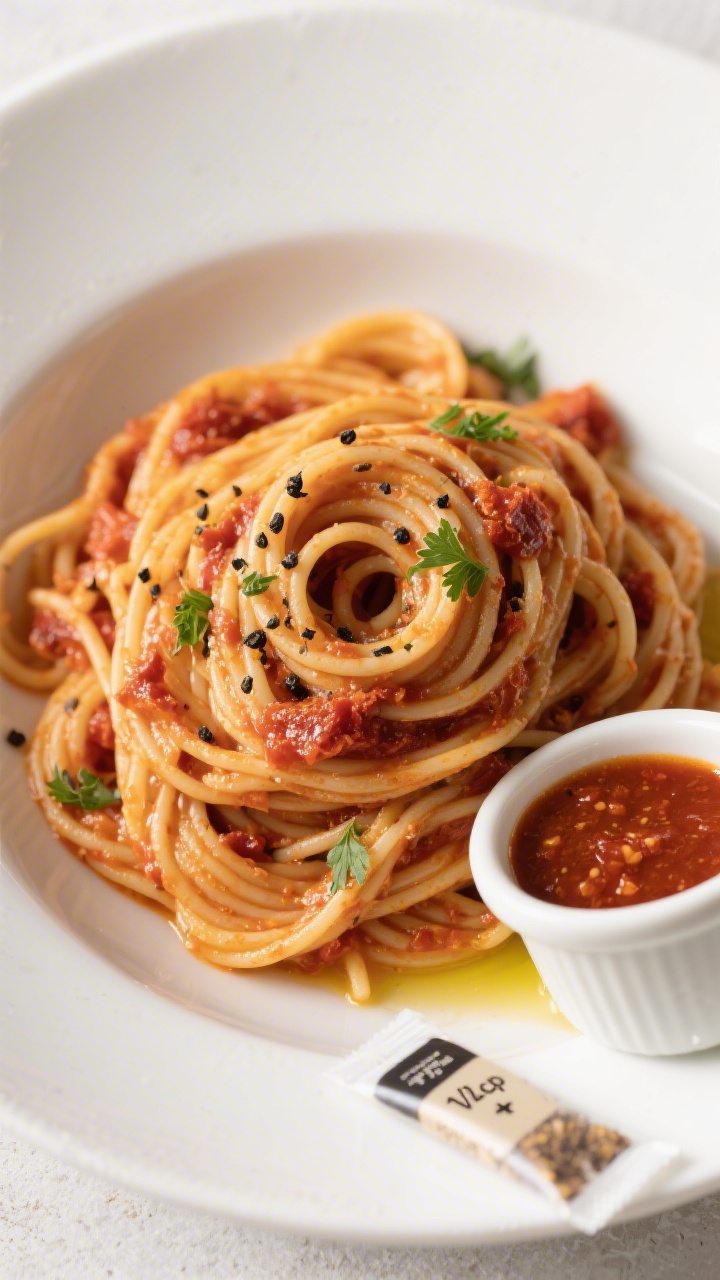 Tasty top view: Overhead shot of al dente spaghetti tossed with the finished dehydrated tomato sauce