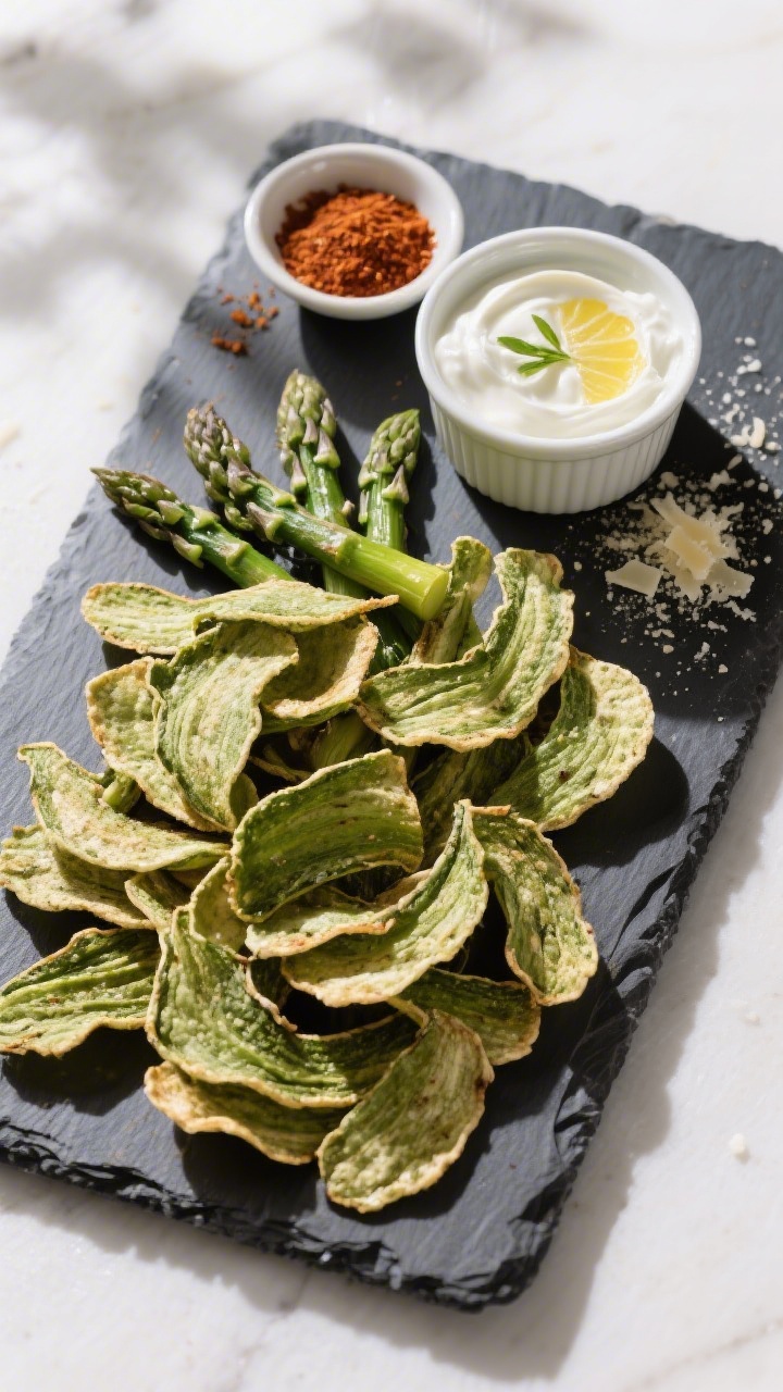 Tasty top view: Overhead shot of an elegant snack board featuring dehydrated asparagus “chips” (