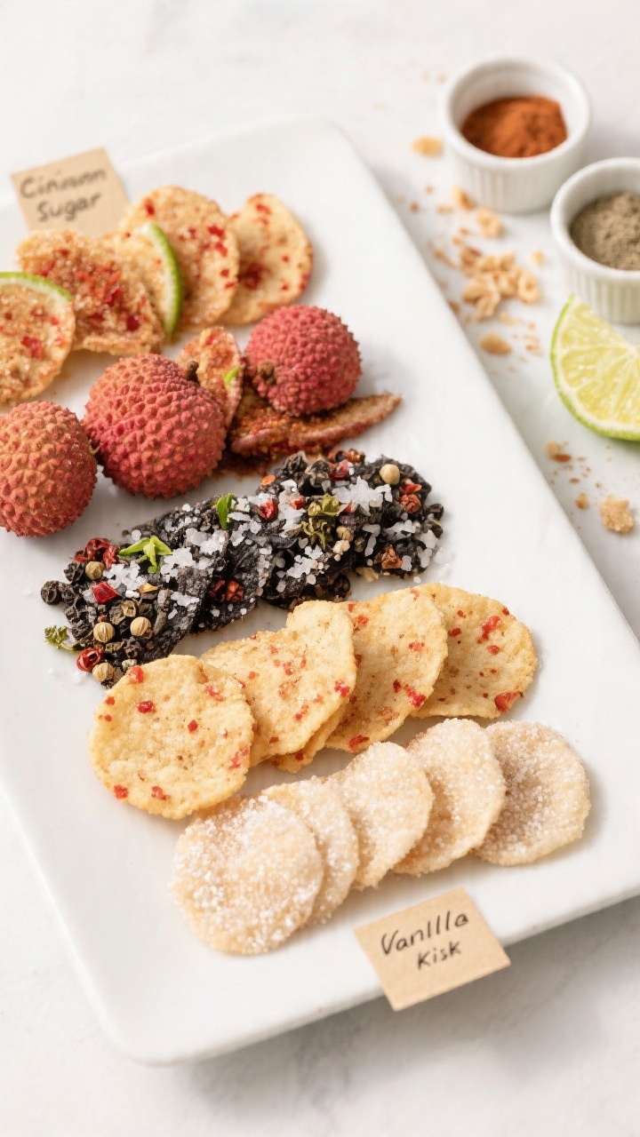 Tasty top view: Overhead shot of assorted lychee chip flavor variations arranged in neat sections on