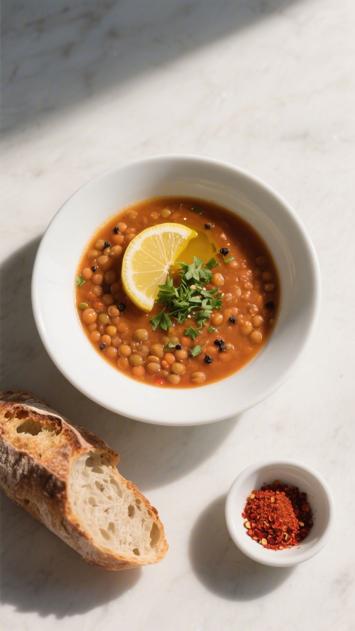 Tasty top view: Overhead shot of finished dehydrated lentil soup in a wide white bowl, rich russet-a