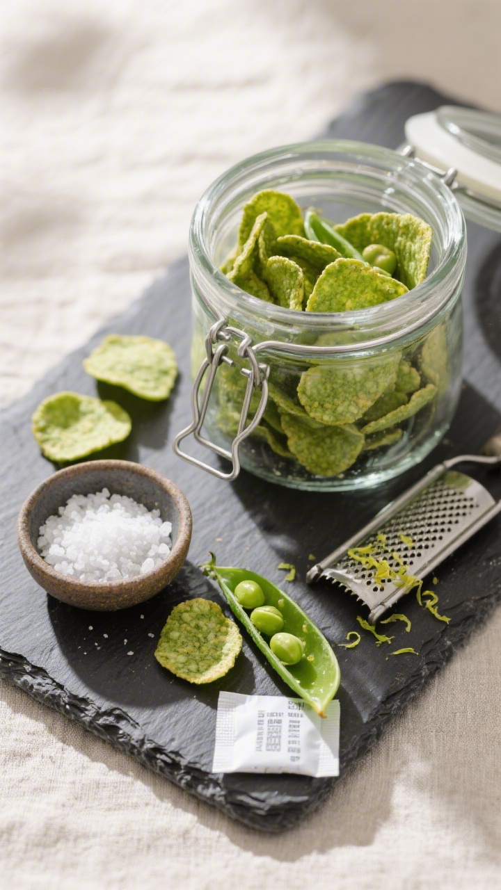 Tasty top view: Overhead shot of finished green pea crisps poured into a clear glass jar with a tigh