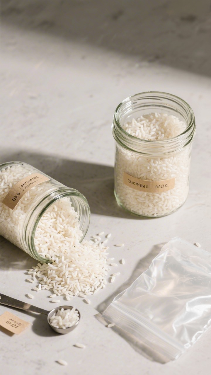 Tasty top view: Overhead shot of fully dehydrated white rice—hard, dry, brittle grains—cooled an