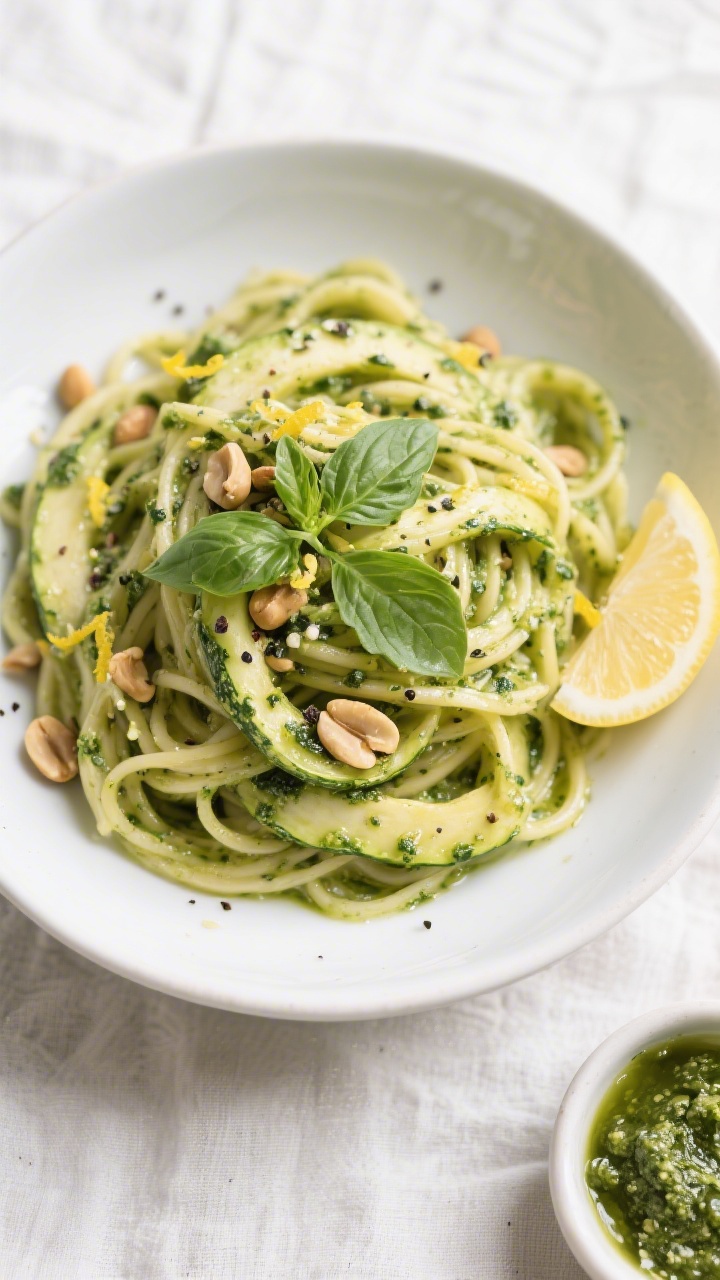 Tasty top view: Overhead shot of rehydrated spaghetti squash “noodles” tossed with bright green