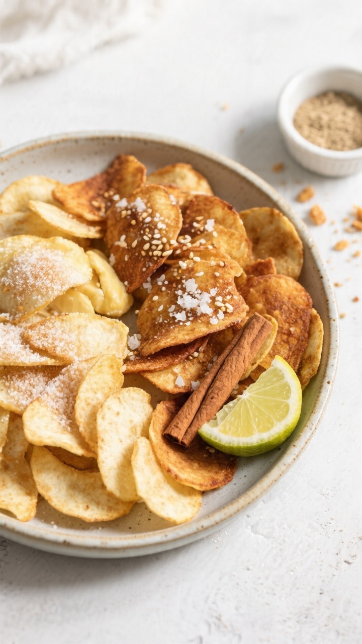 Tasty top view: Overhead shot of the final platter of Air Fryer Durian Chips arranged in a wide, sha