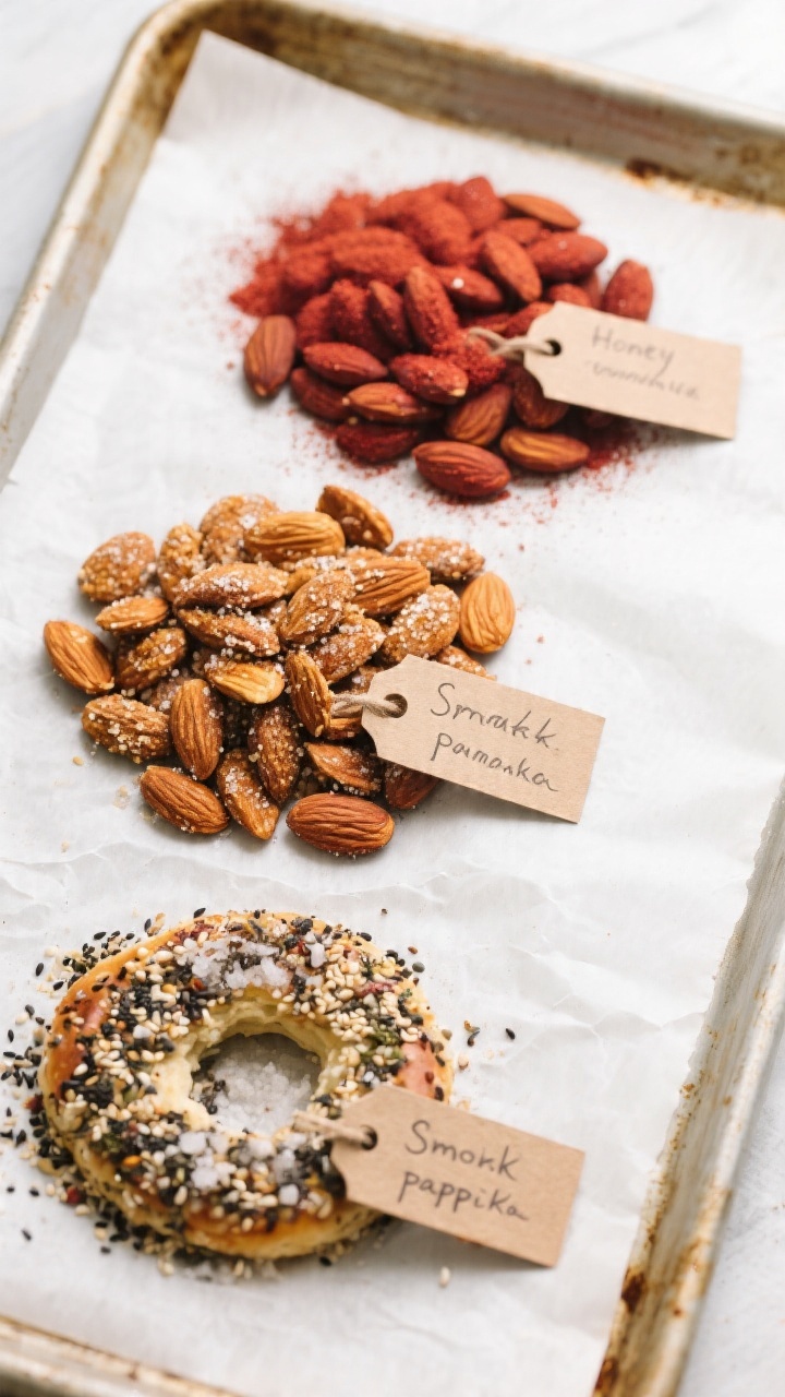 Tasty top view: Overhead shot of three flavor variations on a parchment-lined baking sheet—Smoky P