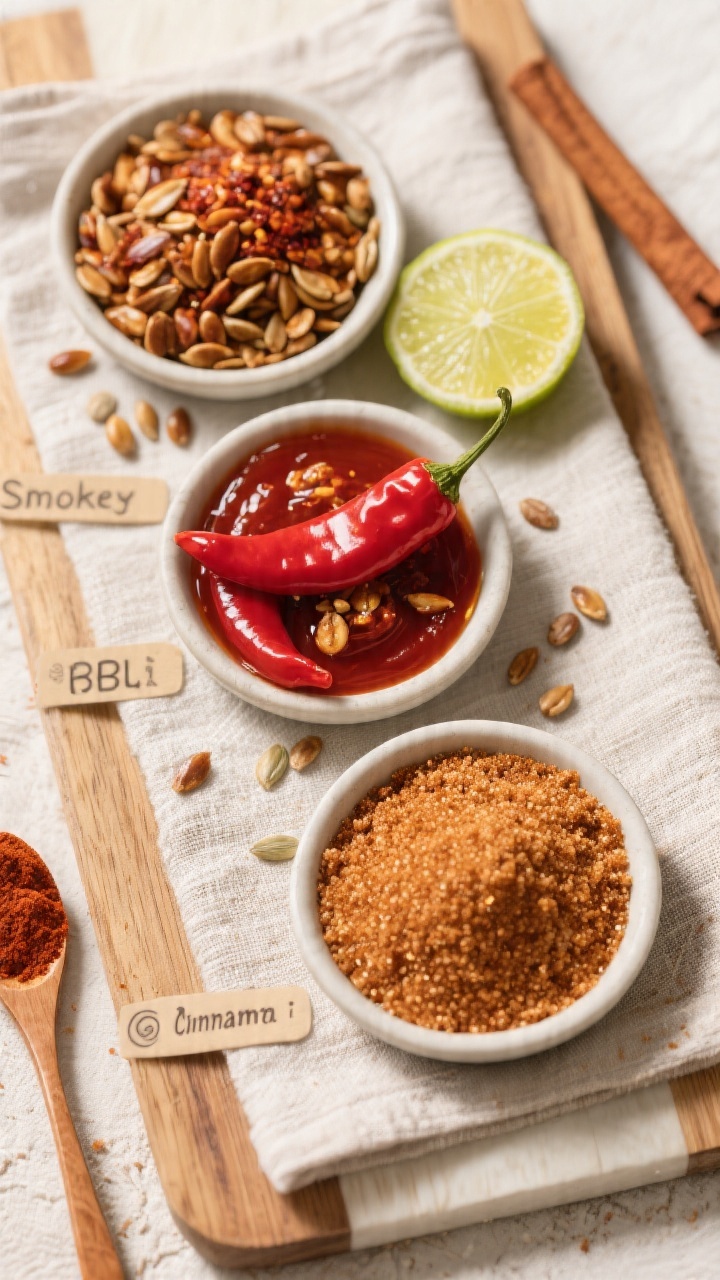 Tasty top view: overhead shot of three flavor variations arranged in small bowls on a linen-draped b