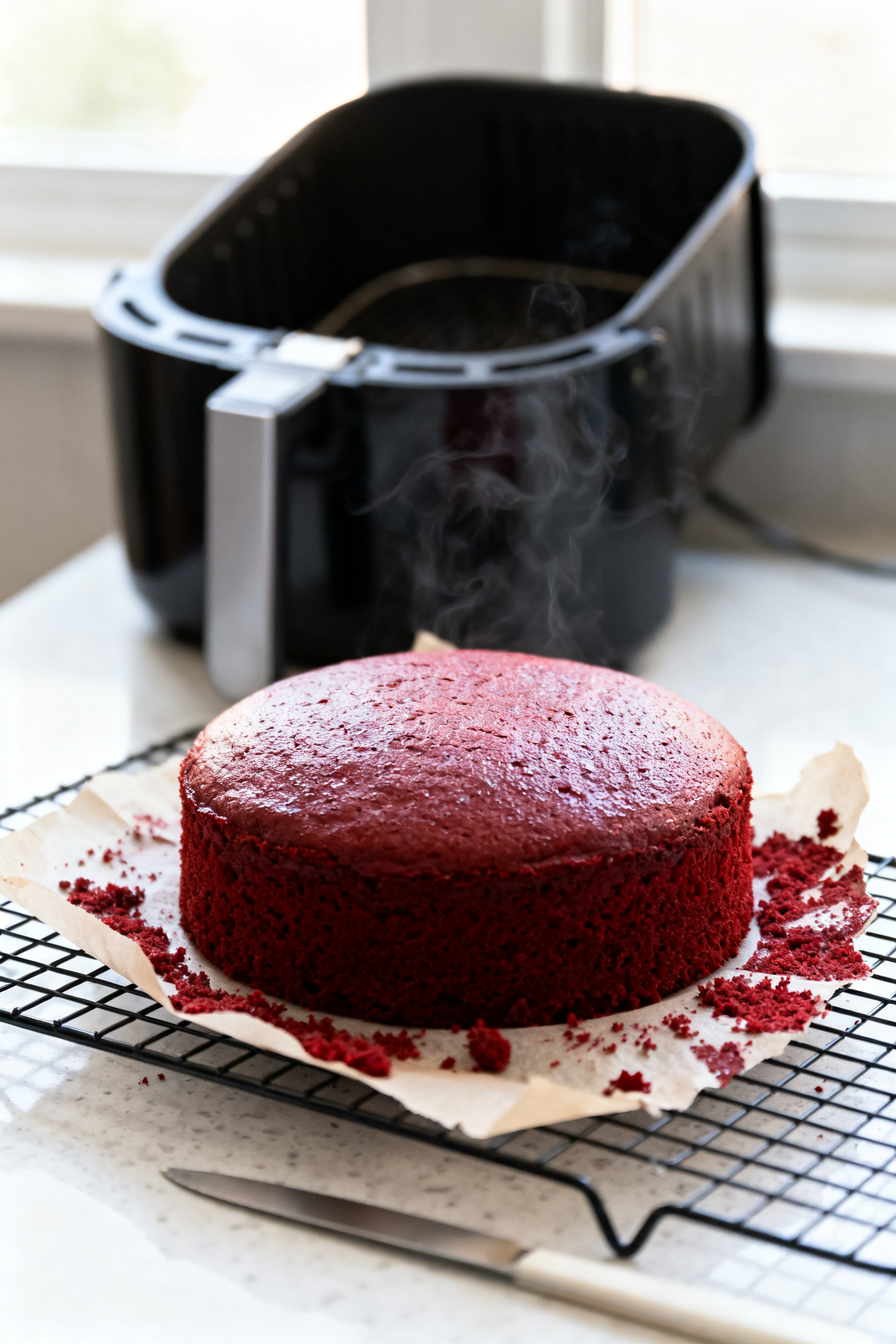 Close-up detail: A 6-inch red velvet cake just out of the air fryer, turned onto a cooling rack with