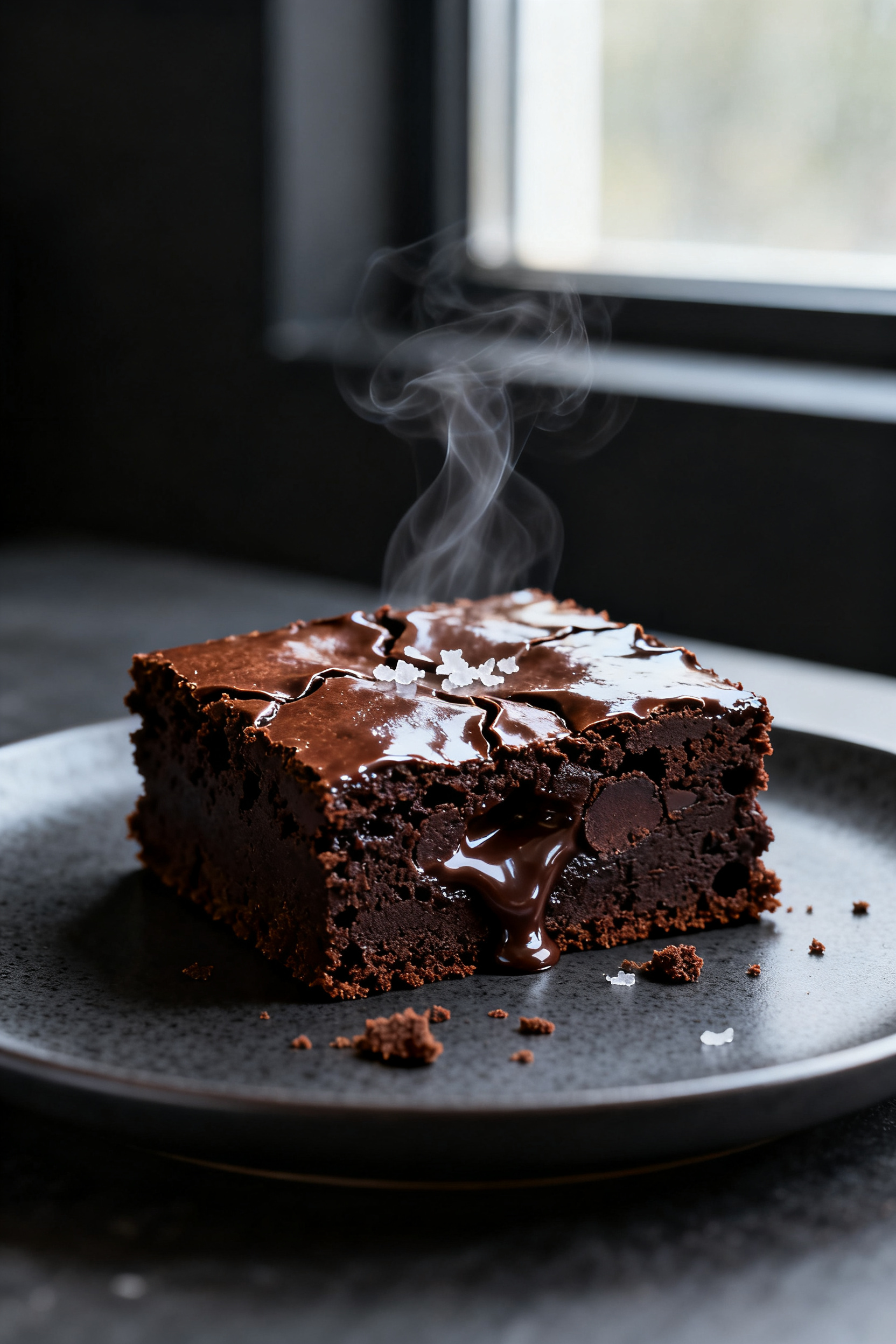 Close-up detail: A just-sliced square of air fryer fudgy brownie with a shiny, crinkle top and gooey