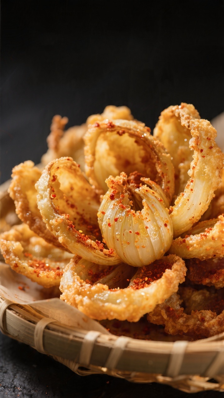 Close-up detail: Air-fried blooming onion just out of the basket, petals deep golden with a craggy d