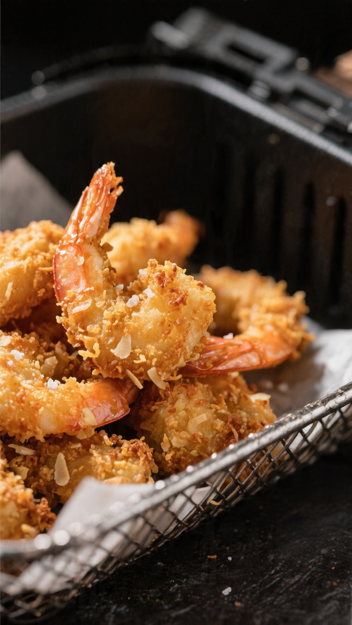 Close-up detail: Air-fried coconut shrimp just out of the basket, golden-brown panko-coconut crust w