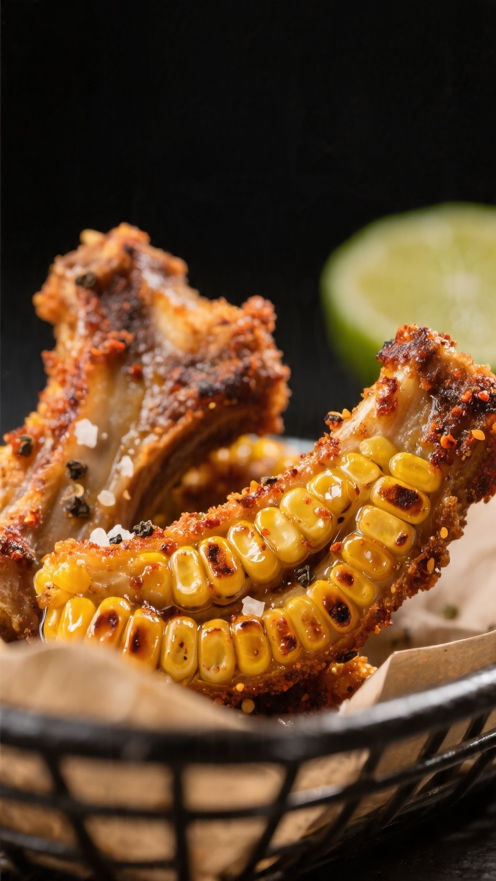 Close-up detail: Air-fried corn ribs just out of the basket, edges deeply golden with light char, ke