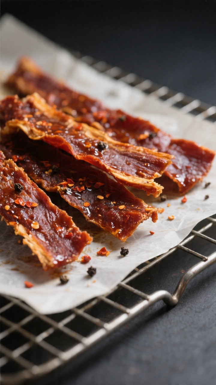 Close-up detail: Air fryer jackfruit jerky strips just finished cooking, edges dry and slightly curl