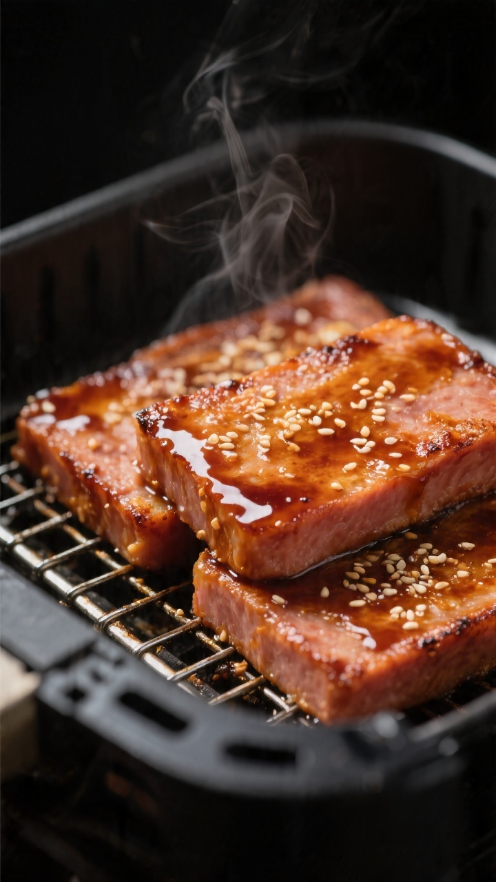 Close-up detail: Caramelized air-fried Spam rectangles just brushed with a glossy sweet-savory glaze