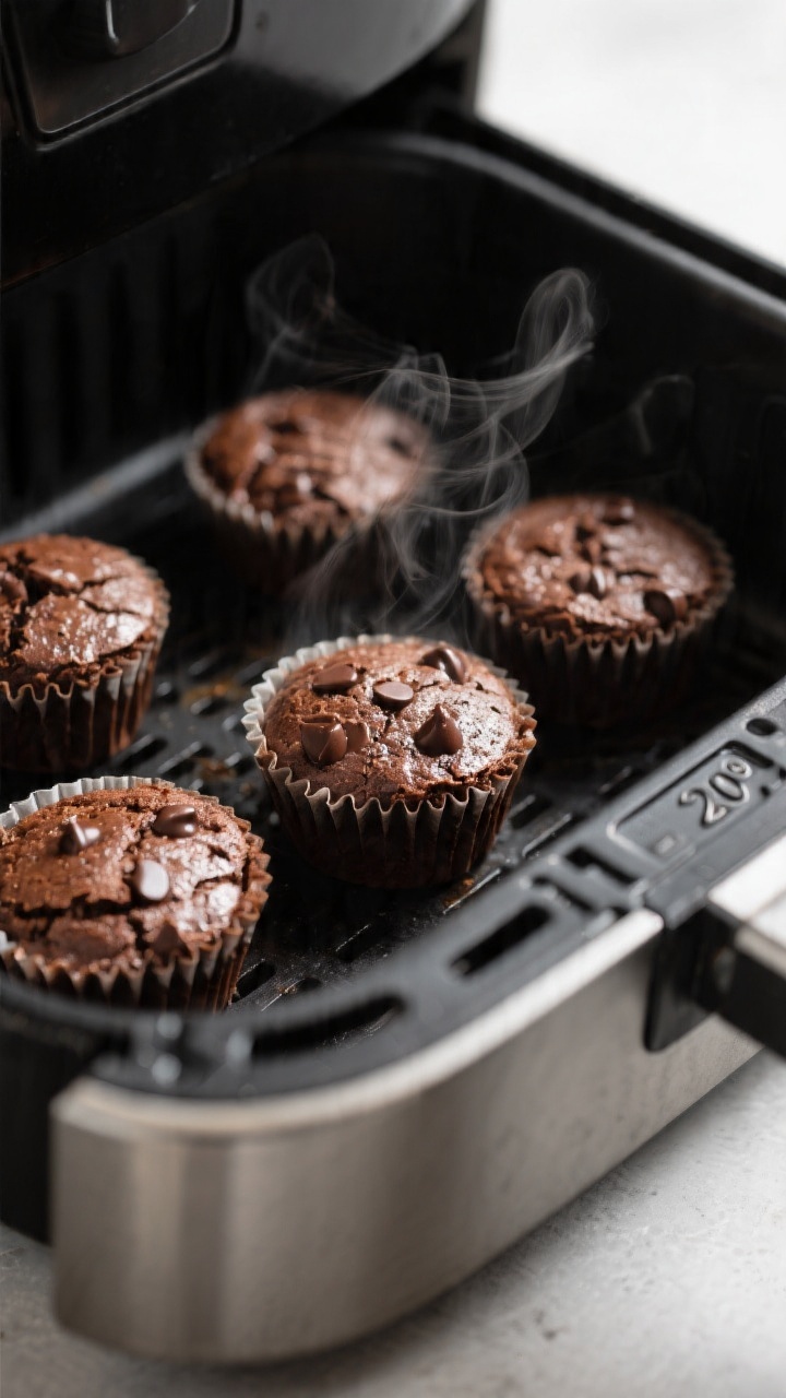 Close-up detail: Freshly air-fried brownie bites still in a mini muffin pan inside an air fryer bask