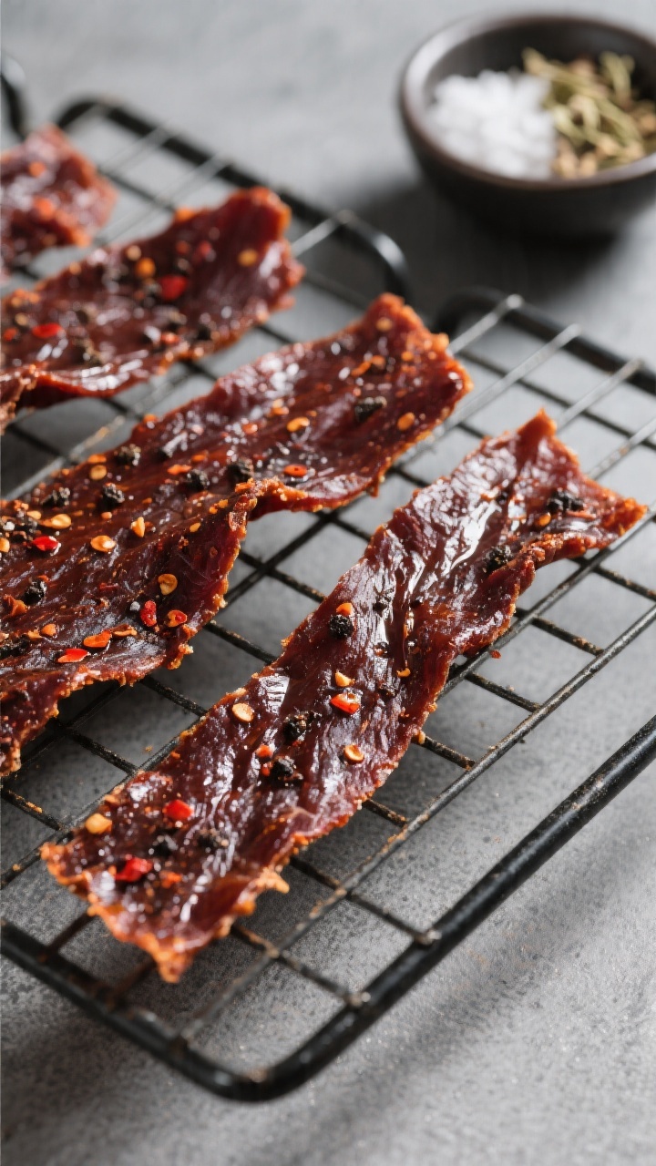 Close-up detail: Glossy, finished ostrich jerky strips just out of the air fryer, arranged on a wire