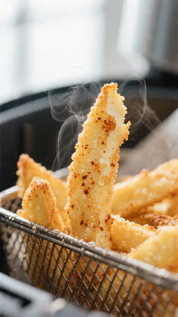 Close-up detail: Golden, air-fried halloumi fries just out of the basket, coating visibly crisp with