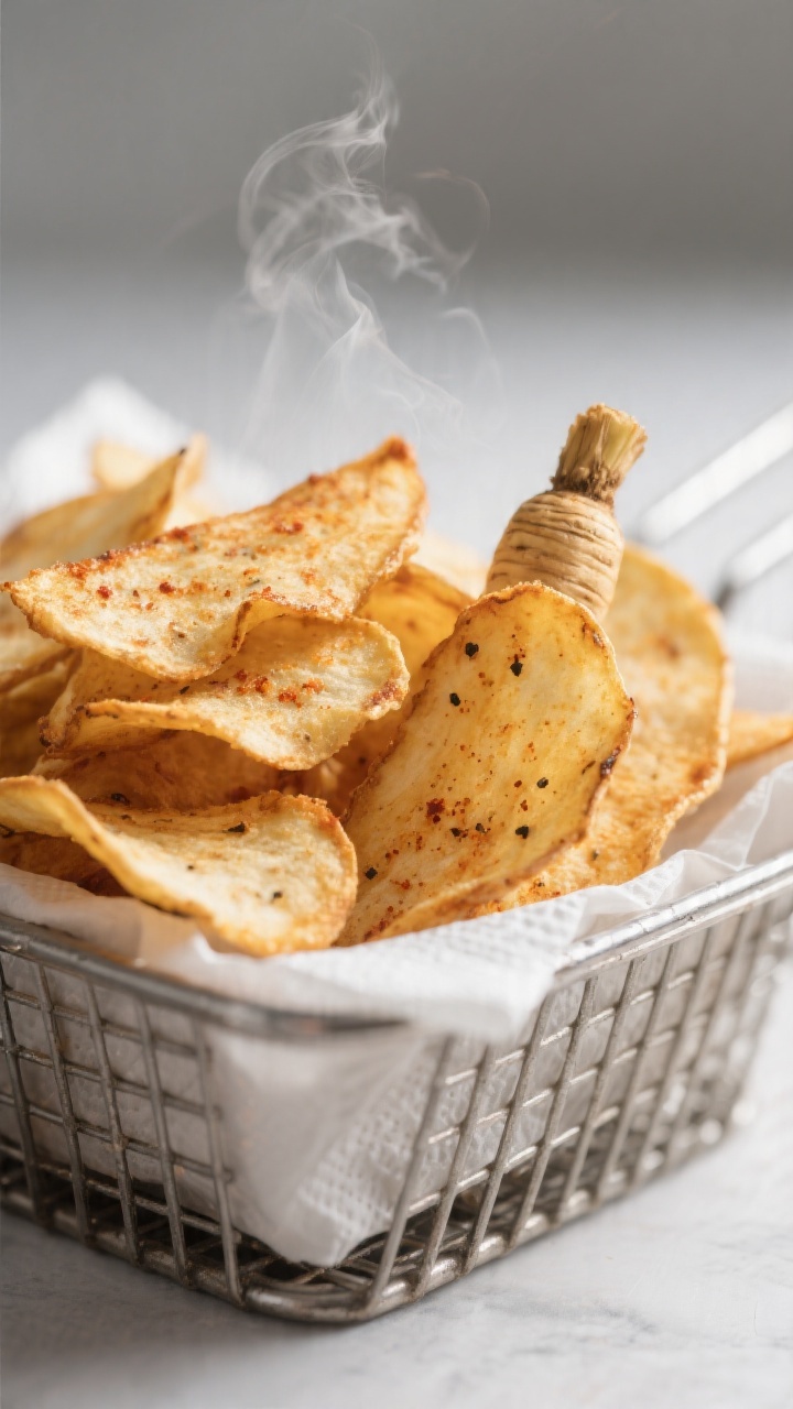 Close-up detail: Golden-brown air-fried parsnip chips just out of the basket, edges curled and crisp