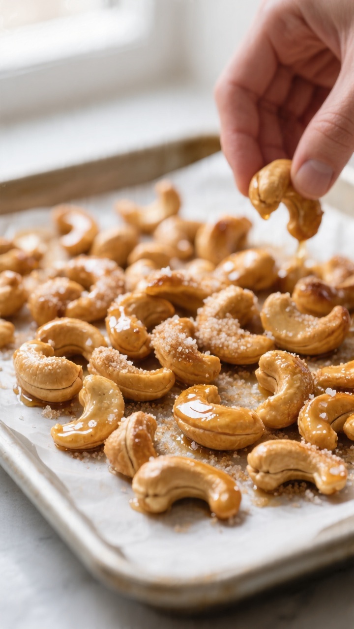 Close-up detail: Honey-roasted cashews just out of the air fryer being spread onto a parchment-lined