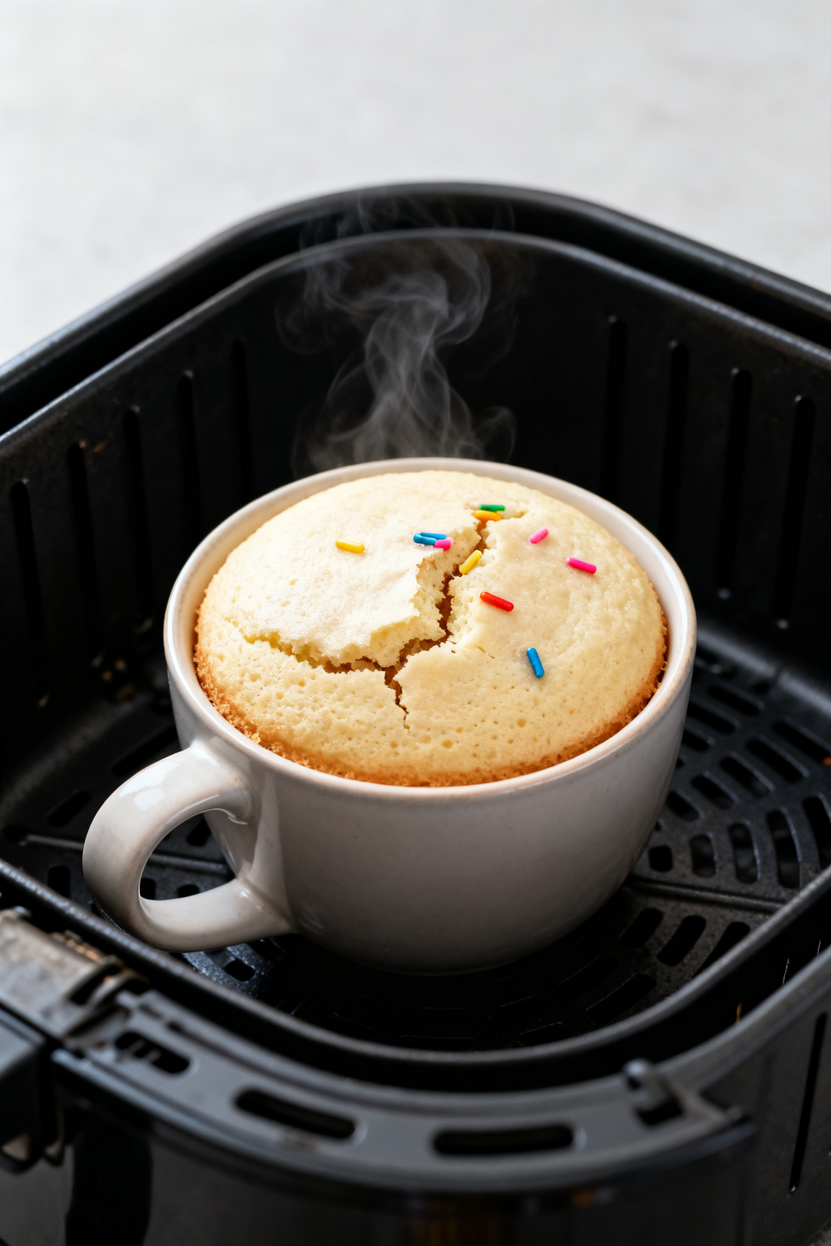 Close-up detail of a freshly air-fried vanilla mug cake still in the ceramic mug inside an open air