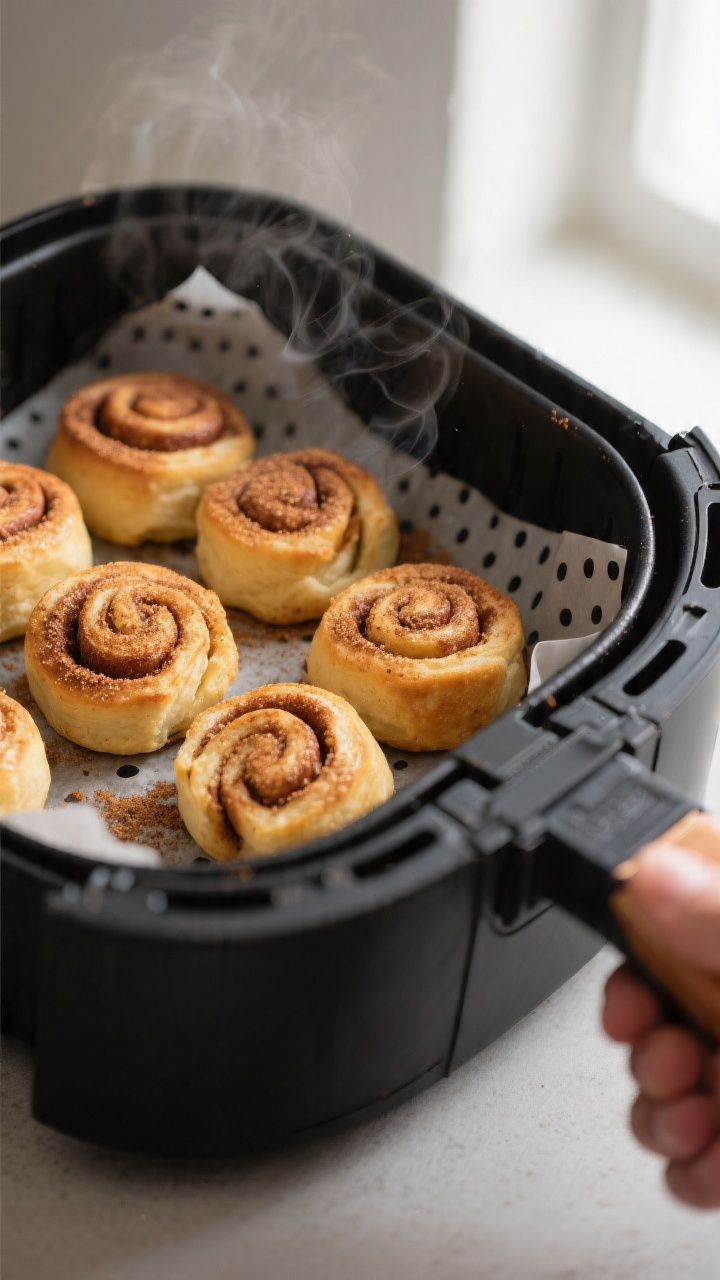Close-up detail shot: Golden-brown air fryer cinnamon roll bites just finished cooking in an air fry