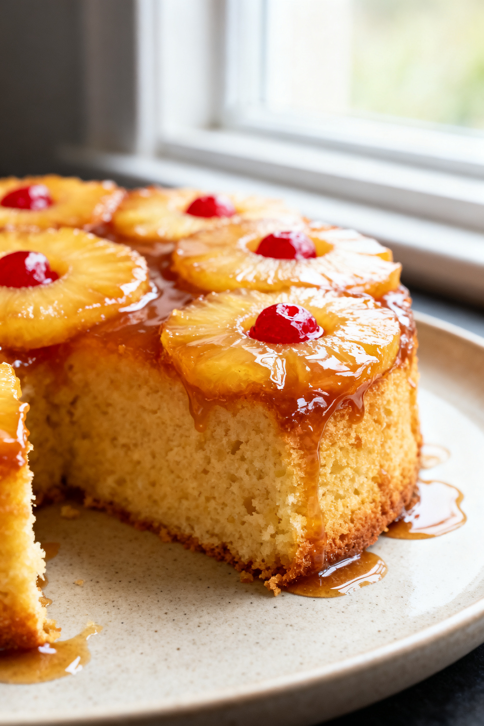 Close-up detail shot of a freshly unmolded air fryer pineapple upside-down cake, showing glossy cara