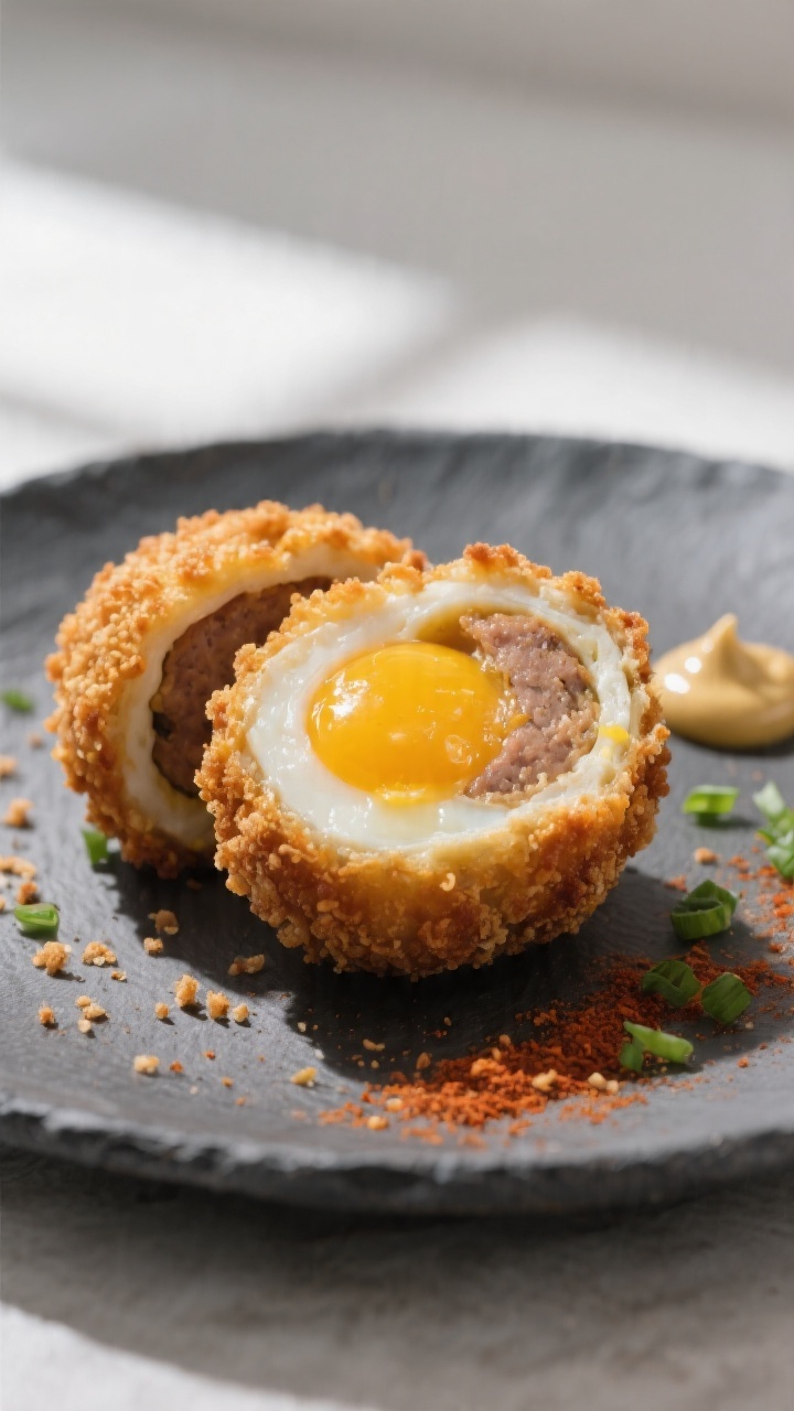 Close-up detail shot of a sliced air-fried Scotch egg revealing a jammy golden yolk and juicy sausag