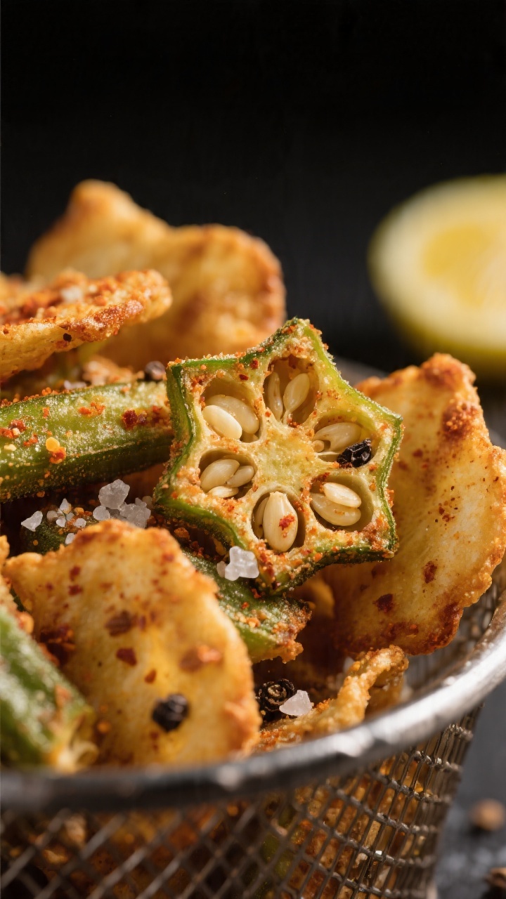 Close-up detail shot of air-fried okra chips just out of the basket: golden-brown edges, visible see