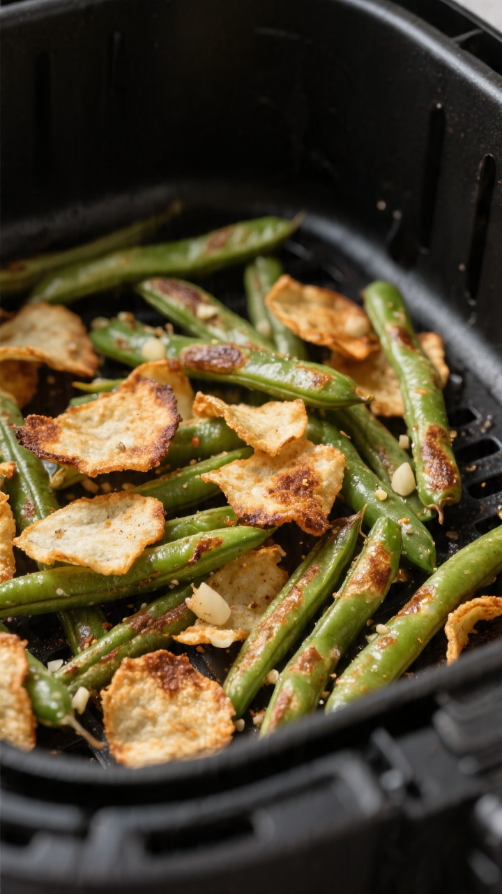 Close-up detail shot of air fryer green bean chips just finished cooking in the basket at 375°F: be